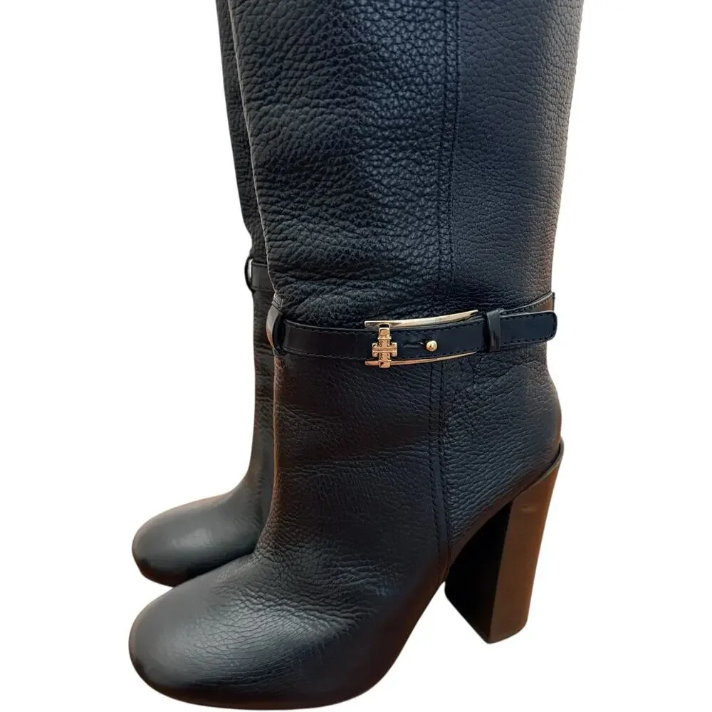 Tory Burch Jenna Black Pebbled Leather Knee High Boots Size 8.5